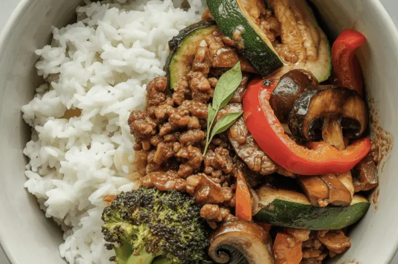 Spicy Ground Beef with Veggies and Rice